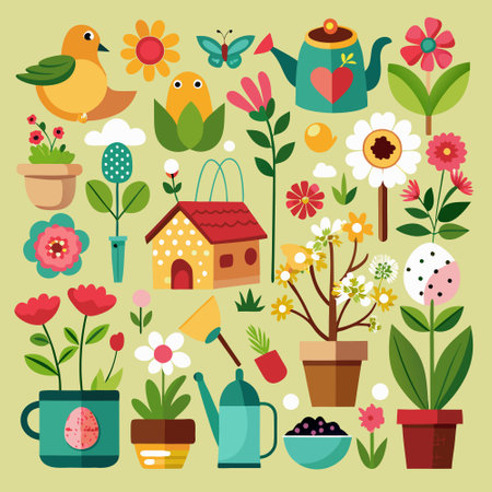 Spring Garden Collection Showcasing a Variety of Ornamental Elementsのイラスト素材