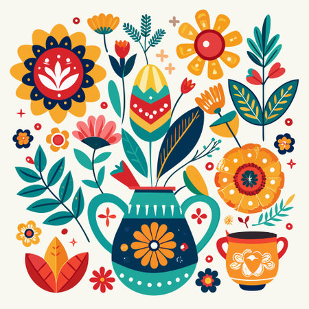 Vibrant Floral Arrangements Adorned with Whimsical Folk-Style Stickersのイラスト素材