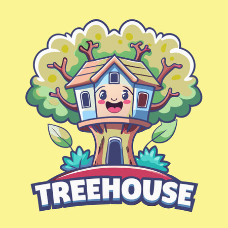 Cartoon tree house mascot. Vector illustration of a tree house mascot.のイラスト素材