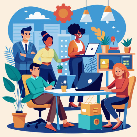 Collaborative Workspace: Diverse Employees Working Together in Modern Office Environmentのイラスト素材
