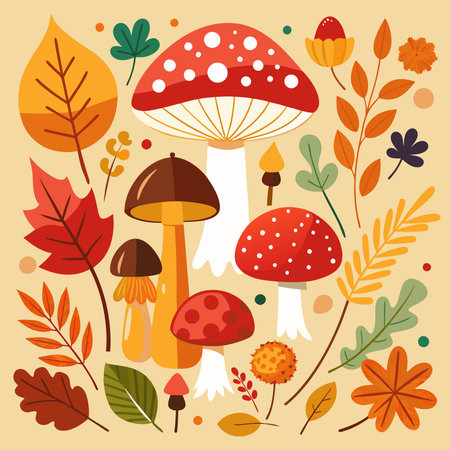 Autumnal Bounty: Mushrooms and Sea in Vibrant Huesのイラスト素材