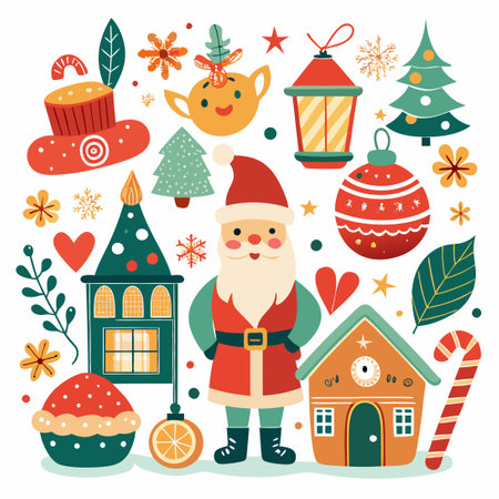 Vintage Christmas Hand Drawn Flat Vector Illustration Setのイラスト素材