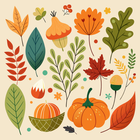 Autumn set with pumpkins, leaves and acorns. Vector illustration.のイラスト素材