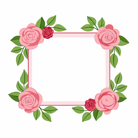 Delicate Pink Roses Adorned within a Blank Rectangle Frame on a Pristine White Backgroundのイラスト素材