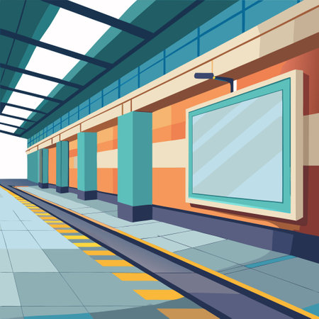 Blank White Exhibition Wall Mockup in a Modern Train Station Hallのイラスト素材