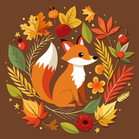 Enchanting Autumn Card Adorned with Seasonal Wreath and Foxy Charmのイラスト素材