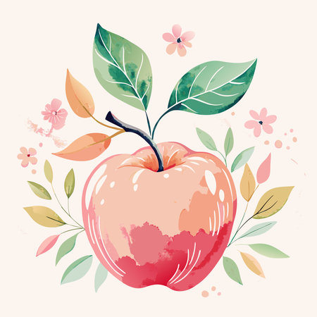 Watercolor Masterpiece: Botanical Apple Harmony with Delicate Pink Floralsのイラスト素材