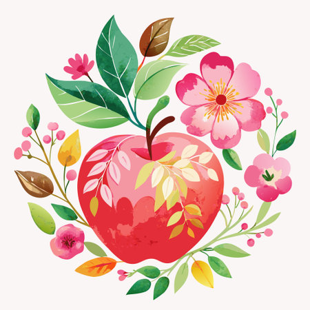 Delicate Watercolor Botanical Illustration of Apple and Pink Floral Arrangementのイラスト素材