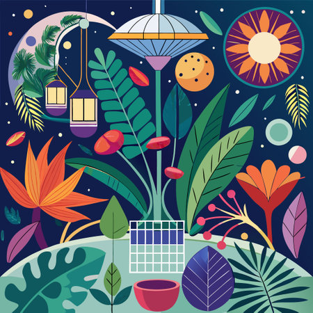 Tranquil Botanical Oasis in an Eight-Sided Celestial Expanseのイラスト素材
