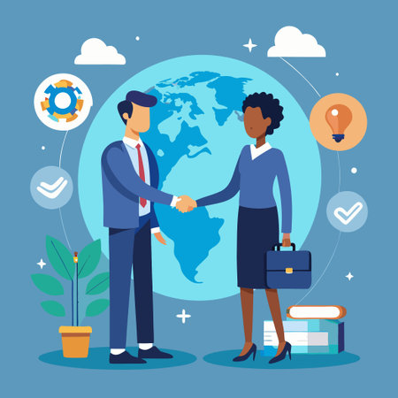 Global Corporate Business Partners Sealing a Global Deal with Handshakeのイラスト素材