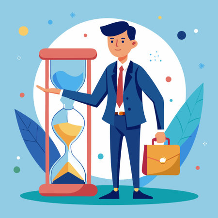 Time Management: Businessman Holding an Hourglass Signaling Importance of Timeのイラスト素材