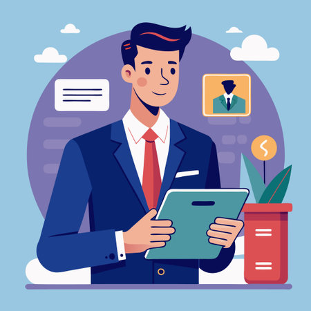 Businessman Working Remotely with Tablet at His Office Deskのイラスト素材