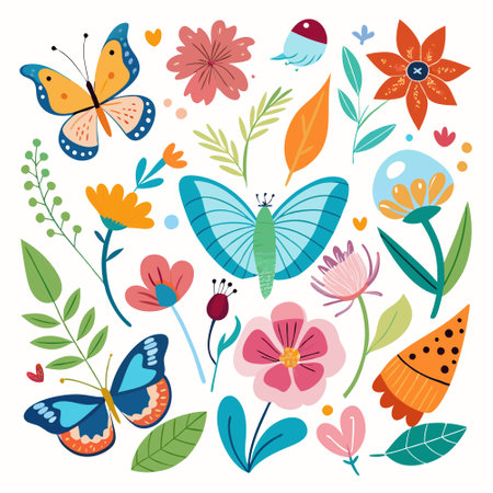 Enchanting Harmony of Nature: Butterflies, Flowers, and Birds in an Artistic Embraceのイラスト素材
