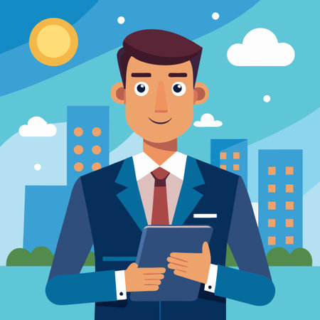 Businessman Utilizing Digital Technology for Strategic Planningのイラスト素材