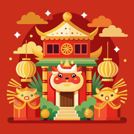 Festive Chinese New Year Mockup with Traditional Red Envelope and Lantern Illustrationのイラスト素材