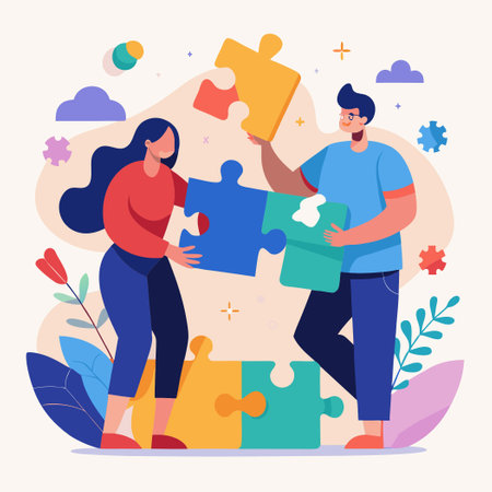 Cooperative Puzzle Solving Depicts Couple's Harmonious Partnershipのイラスト素材