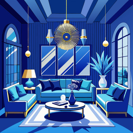 Interior of the living room in blue tones. Vector illustration.のイラスト素材