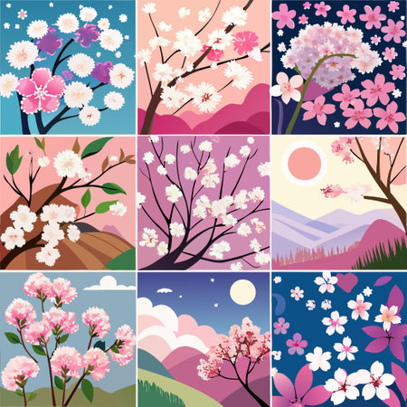 Enchanting Cherry Blossom Trees in Full Bloom Against a Serene Backgroundのイラスト素材