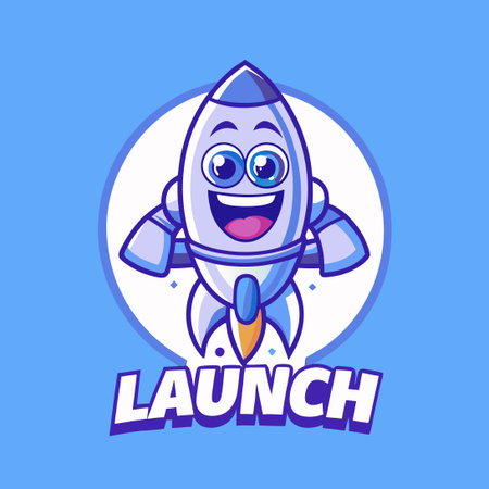 Cartoon Character Mascot of a Rocket Launch Adorned with a Vector Logoのイラスト素材