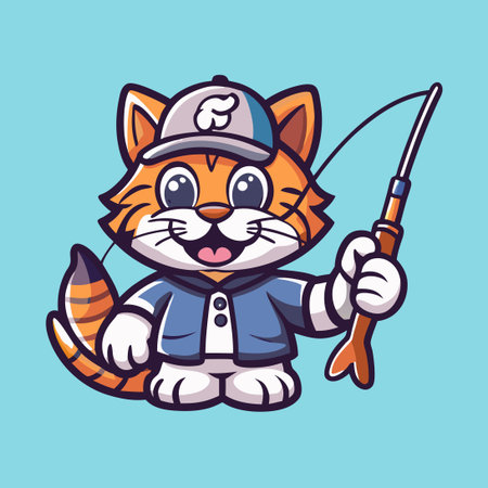 Cute Vector Cartoon Illustration of a Cat Fishing Mascot Holding a Rodのイラスト素材