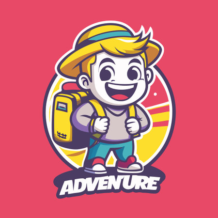 Adventurous Cartoon Character Traveling in a Cart with Travel Gearのイラスト素材