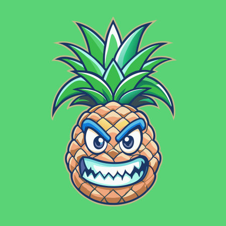 Furiously Red Cartoon Pineapple Character with Spikey Hair on White Backgroundのイラスト素材