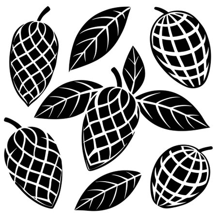 Comprehensive Collection of Mango Silhouettes with Green Leaf Accentsのイラスト素材