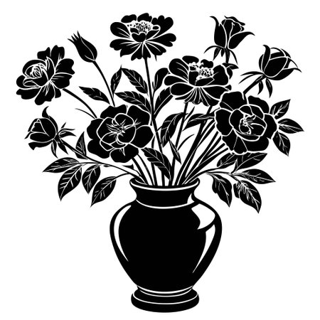 Elegant Black Silhouette Vase with Blooms of Majestic Flowersのイラスト素材