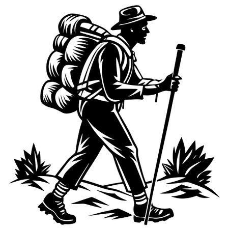 Adventurous Solo Hiker with Backpack and Walking Stick Silhouette against Stunning Sunsetのイラスト素材