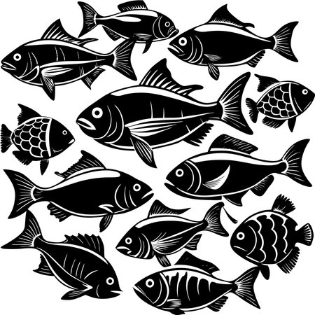 Vector Illustration of Diverse Fish Silhouettes in a Setのイラスト素材