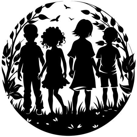 Silhouette of Kids Playing Carefree in the Golden Hour Glowのイラスト素材