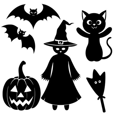 Spooky Silhouette of a Witch with Black Cat and Pumpkin Lanternのイラスト素材