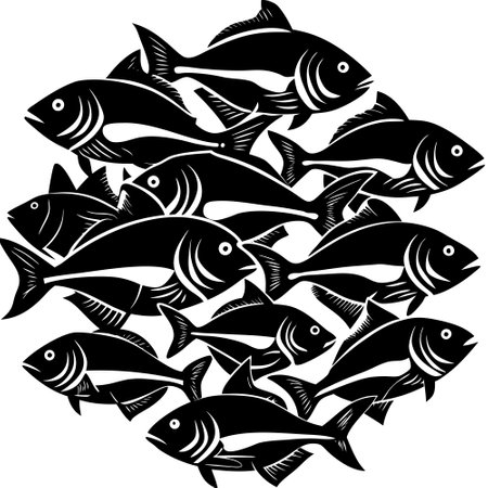 Silhouette of Marine Life: A School of Fishes Swimming in Formationのイラスト素材