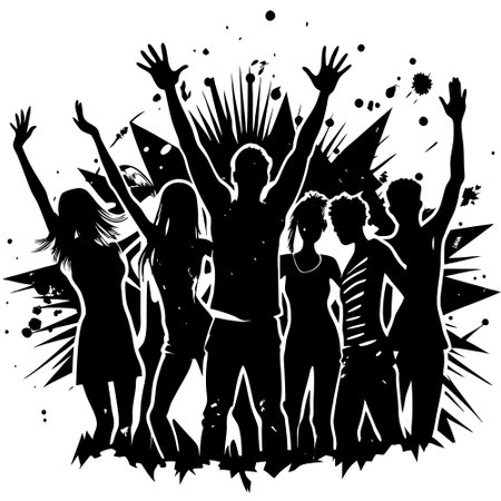 Grunge Silhouette of a Party Crowd with Energetic Vibranceのイラスト素材