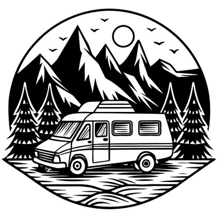 Motor Home Camping Adventure in Picturesque Mountainous Landscapeのイラスト素材