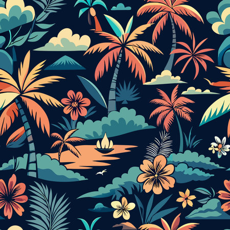 Seamless Tropical Print Featuring a Dark Night Hawaiian Landscape