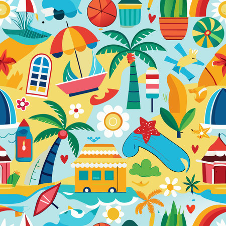 Vibrant and Colorful Seamless Summer Vacation Holiday Pattern Vector