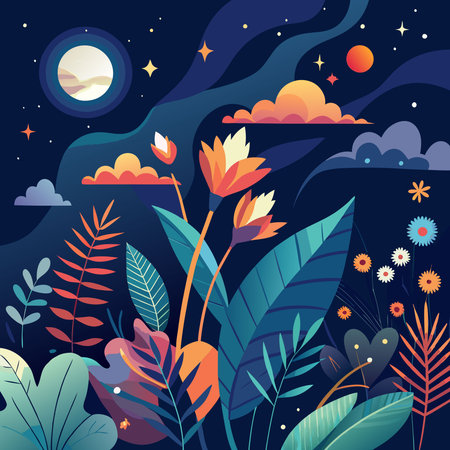 Dark Summer Night with Chic Floral Pattern Blowing in the Breezeのイラスト素材