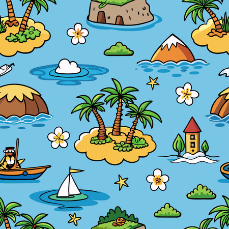 Vibrant Hawaiian Islands Seamless Pattern Vector Artwork with Exotic Motifsのイラスト素材