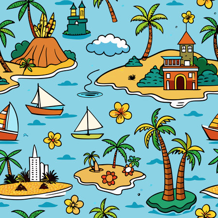 Seamless Pattern of Lush Hawaiian Islands with Vibrant Floraのイラスト素材