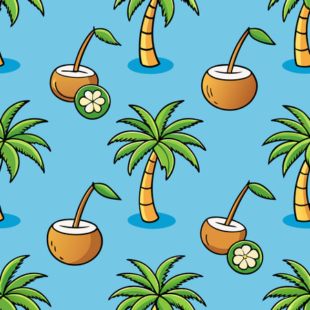 Serene Tropical Paradise: Palm Trees and Coconuts Seamless Vector Patternのイラスト素材