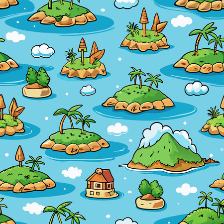 Infinite Tropical Island Landscape with Seamless Vector Patternのイラスト素材