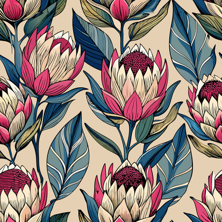 Seamless Pattern Adorned with Vibrant Protea Flower Vectorsのイラスト素材