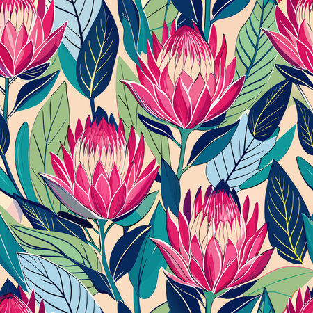 Seamless Repeating Pattern Featuring Vibrant Protea Flowers in Vector Formatのイラスト素材