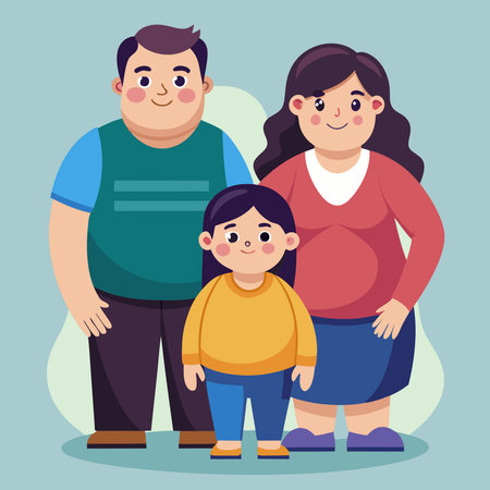 Overweight Family Group of Three in Flat Style Cartoonのイラスト素材