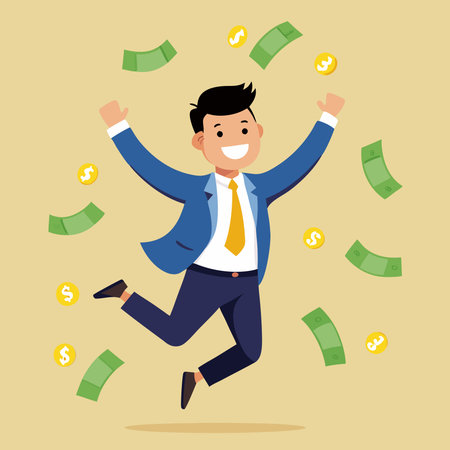 Businessman Expressing Exuberant Joy with a Mid-Air Jump in a Colorful Environmentのイラスト素材