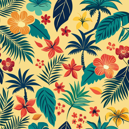 Vibrant Summer Tropical Pattern with Geometric Shapes and Palm Leavesのイラスト素材