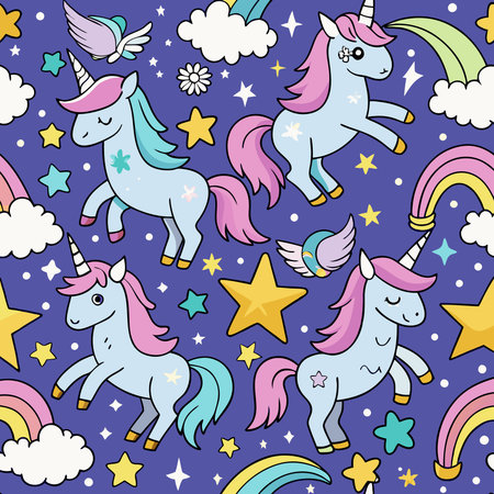 Vibrant Unicorn Fantasy: Magical Seamless Pattern for Enchanting Creationsのイラスト素材