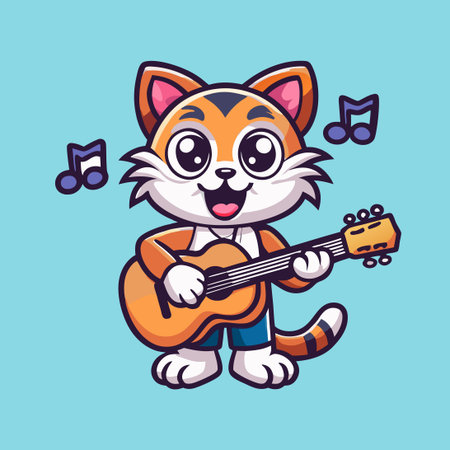 Cartoon Mascot Character of a Cat Playing Guitar with a Playful Expressionのイラスト素材