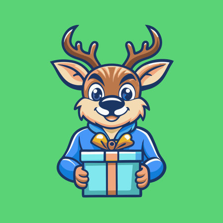 Festive Holiday Deer Mascot Holding a Blue Gift Boxのイラスト素材